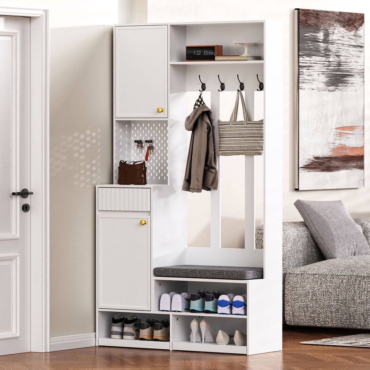 Intebiki halkast - halmeubel - kapstokset - met zitbank - 4 haken, deuren en lades - wit - geschikt voor hallen en trappenhuizen - 100x35x180 cm - MDF