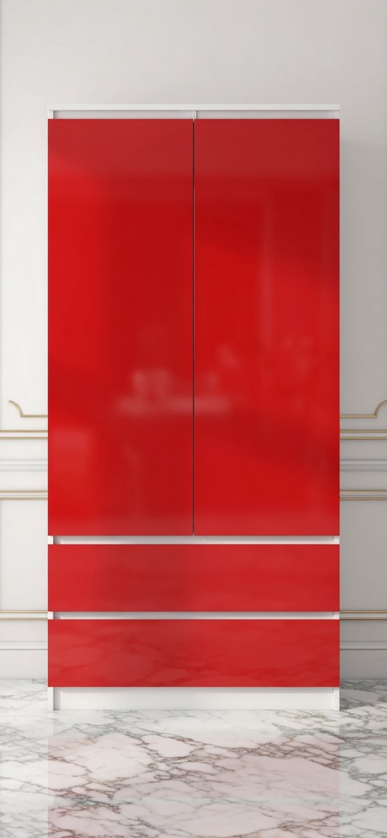 Moderne 2-Deurs Kledingkast met 4 Legplanken, 2 Laden en Glanzend Oppervlak – Grote Slaapkamerkast voor Kleding, Accessoires en Kleerhangers – House&Garden – 180x90x51 cm – Wit/Rood