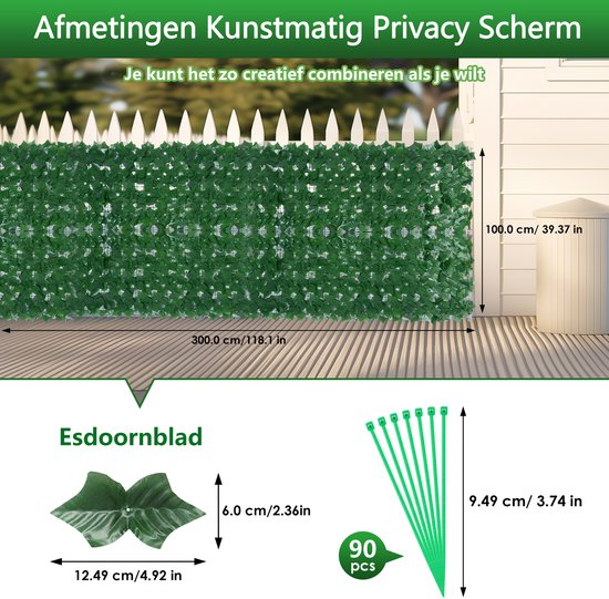 Kunstmatige Klimop Haag 3x1 m - Donkergroene Kunststof Haag met UV-bestendige - Privacy Scherm voor Balkon en Tuin of Terras