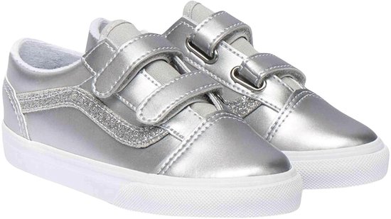 Zilverkleurige Vans Old Skool V sneakers met drie klittenbandsluitingen en glitterband.