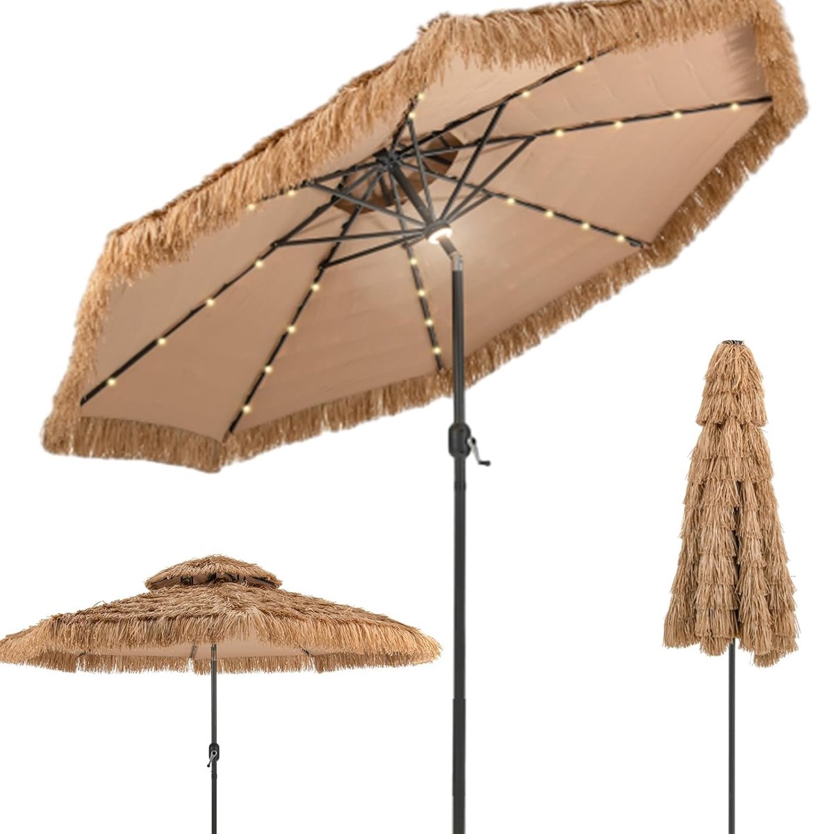KOMFOTTEU Hawaï- strandparasol met lampjes - 292 cm - stroparasol van PE - stokparasol - kantelbaar - parasol -tuinparasol - voor tuin, balkon