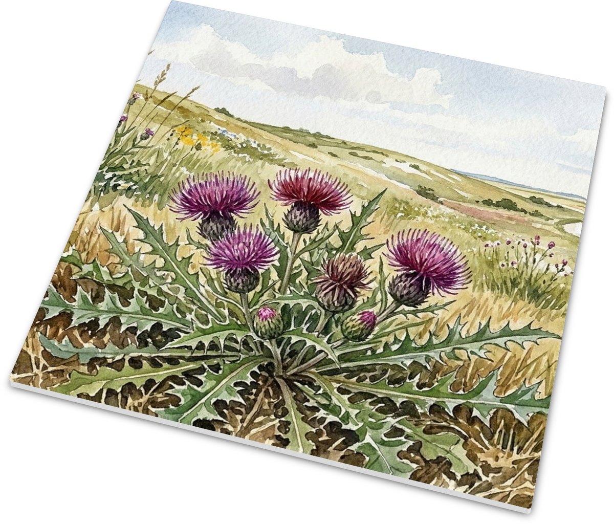 Aquarel Series Aarddistel Cirsium acaule Paarse bloemen - Glanzende tegel botanische plant