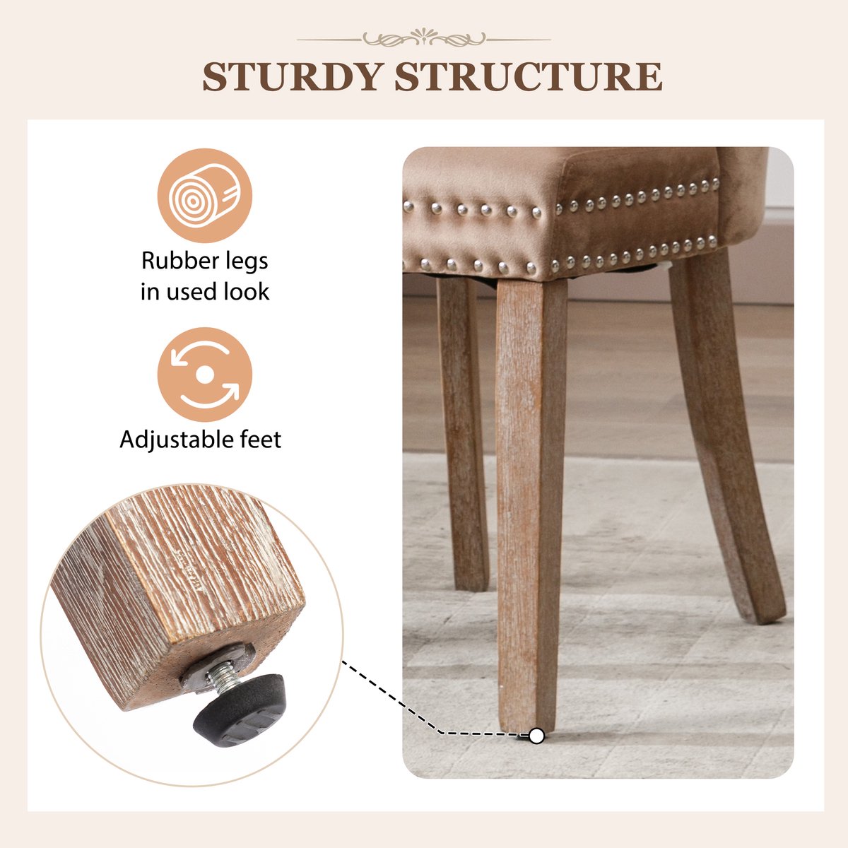 REDOM - Eetkamerstoelen 2 Stuks - Met Verstelbare Poten En Ringgreep - Klassieke Stijl - Fluweel - Licht Koffiekleur