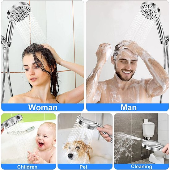 Collage van foto's: vrouw, man, baby, hond en schoonmaken met douchekop.