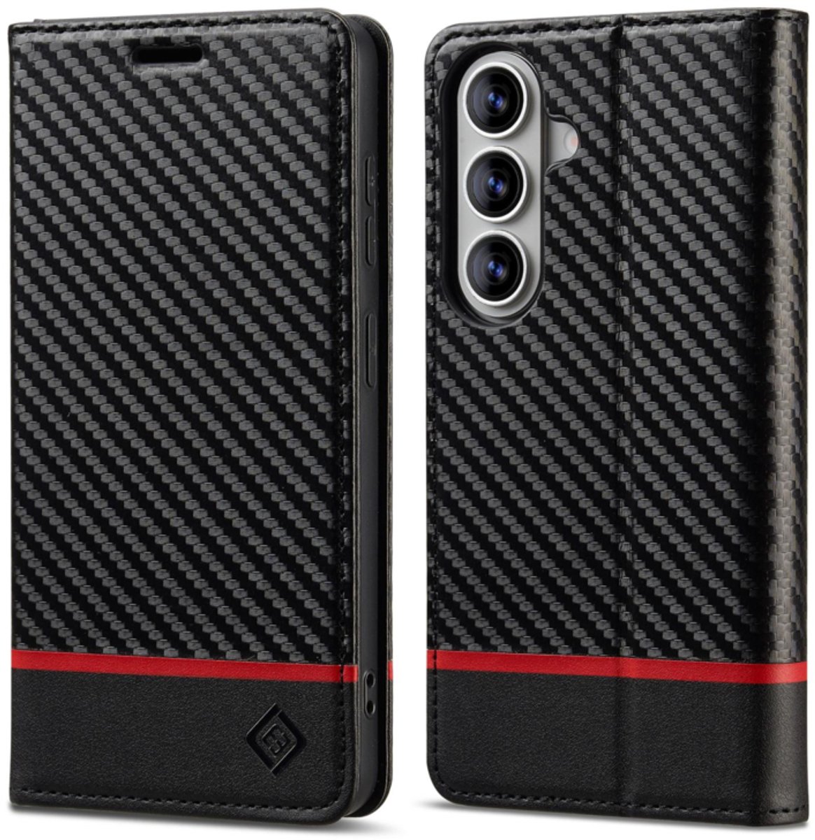 Luxe BoekCover Hoes Etui geschikt voor Samsung Galaxy A37 - A36 - A56 - Zwart - Rood - Carbon - V1