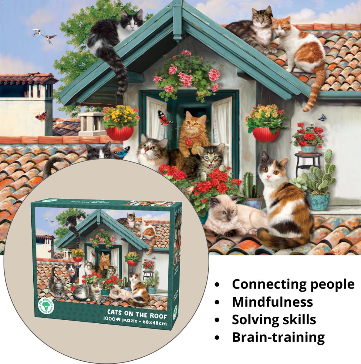Mr. Broccoli Puzzel 1000 Stukjes Volwassenen - Cats on the Roof - Legpuzzel Katten en Poezen op het Dak - FSC® - Dieren Collectie - 68 x 48 cm — afbeelding 2