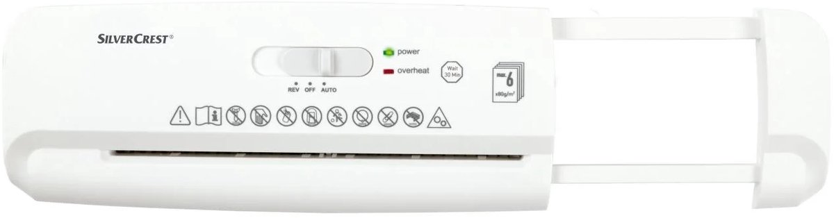 Silvercrest Opzet Papiervernietiger Wit - Uittrekbare telescooparm voor ronde of hoekige prullenbakken - Snijtype: strip-cut - Snijcapaciteit: max. 6 vel A4 (80 g/m²) - Automatische start/stop-functie