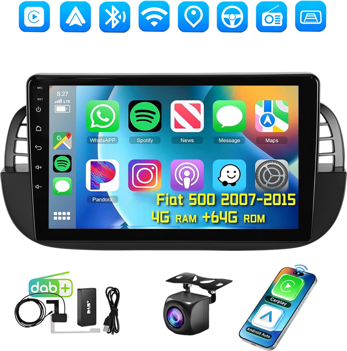 ESSGOO DAB+ Autoradio voor Fiat 500 2007-2015 - Android 15 - Apple Carplay & Android Auto (Draadloos) - 4+64GB - 9" HD IPS Touchscreen - GPS, WIFi, Bluetooth, USB, SWC - Zwart - Achteruitrijcamera