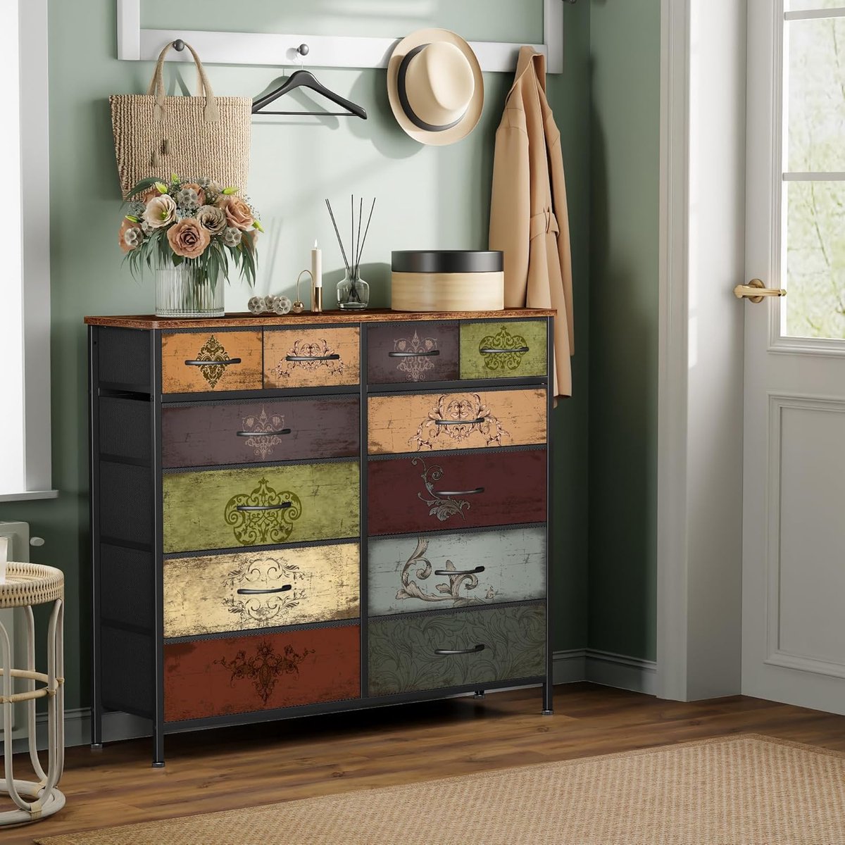 Storiva XL Ladekast met 12 Laden – Stoffen Commode / Opbergkast / TV-Meubel – Vintage Ladekast met Houten Blad en Metalen Frame – Kast voor Slaapkamer, Woonkamer of Hal – 110x30x96 cm – Novihome