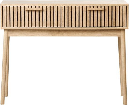 Lichthouten consoletafel met twee lades, verticale ribbels en houten handgrepen.