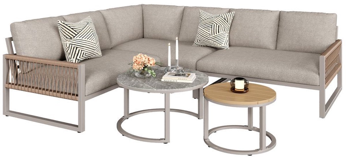BLACKCOLORS Tuinset, meubelset voor 6-7 personen, hoekbank met gegalvaniseerd ijzeren frame, verstelbare poten, inclusief alle zit- en rugkussens, beige thumbnail 2