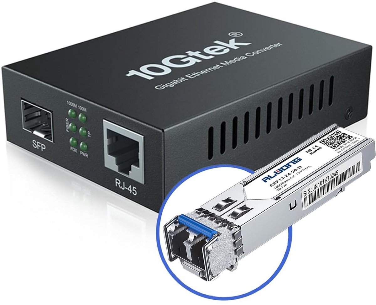 Ethernet Media Converter - Glasvezel Adapter - Netwerk Uitbreiding - Tot 20 km Bereik - 9.3 x 7.1 cm