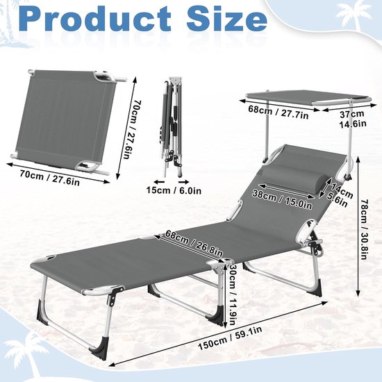 Opvouwbare Zonligstoel - Met Zonnedak - Verstelbare Rugleuning - Ergonomisch - Tuinligstoel - Metalen Frame - Oxford Stof - Draagbaar - Ligstoel - Voor Camping, Strand, Balkon En Kantoor - Antraciet - NAIZY — afbeelding 2