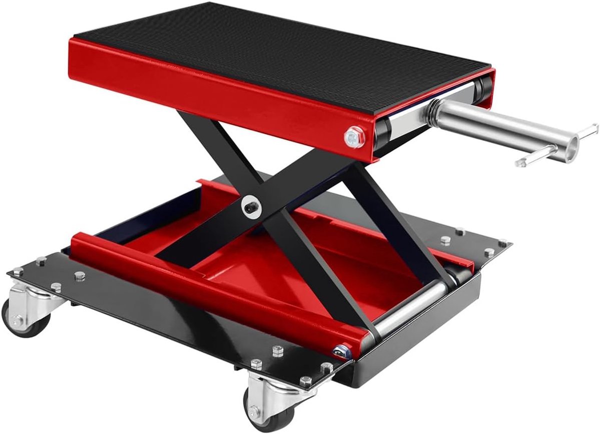 Krik - Schaarhefkrik - Stalen krik - 1100 lb motorfietskrik met zwenkwielen - 5,5“-15,4” hefhoogte, breed platform, centrale schaarhefkrik voor cruisers, touringmotoren, ATV's, UTV's en crossmotoren - 42×40×38 cm