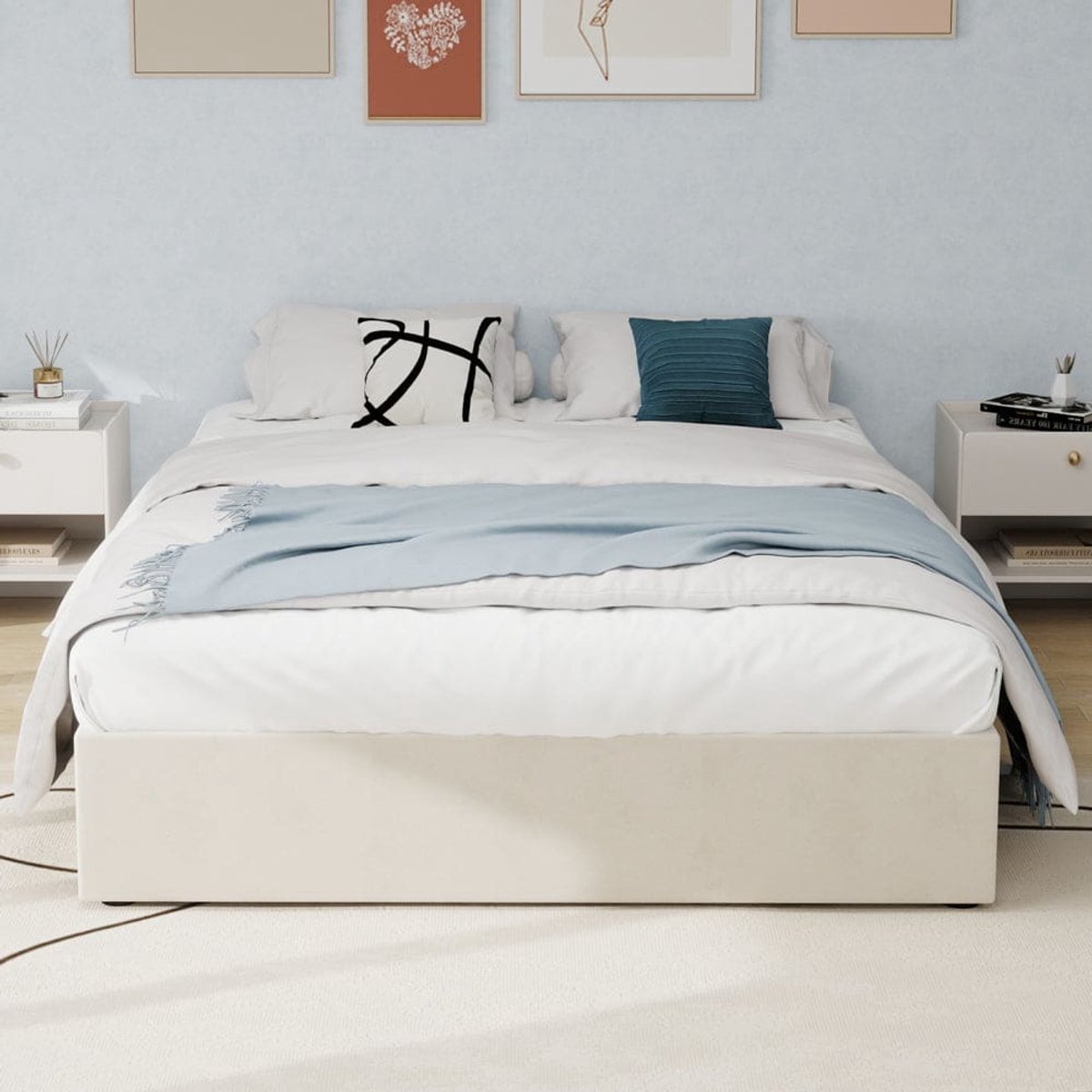 Bed – Bedframe – Ledikant – Slaapbank – Slaapbed – Beige Fluweel – Gasveer Opbergruimte – Laag Platform 160x200 cm