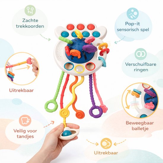 Wit baby speelgoed met kleurrijke touwtjes, ringen en een pop-it spel. Labels: Zachte trekkoorden, Uitrekbaar, Veilig voor tandjes, Pop-it sensorisch spel, Verschuifbare ringen, Beweegbaar balletje.