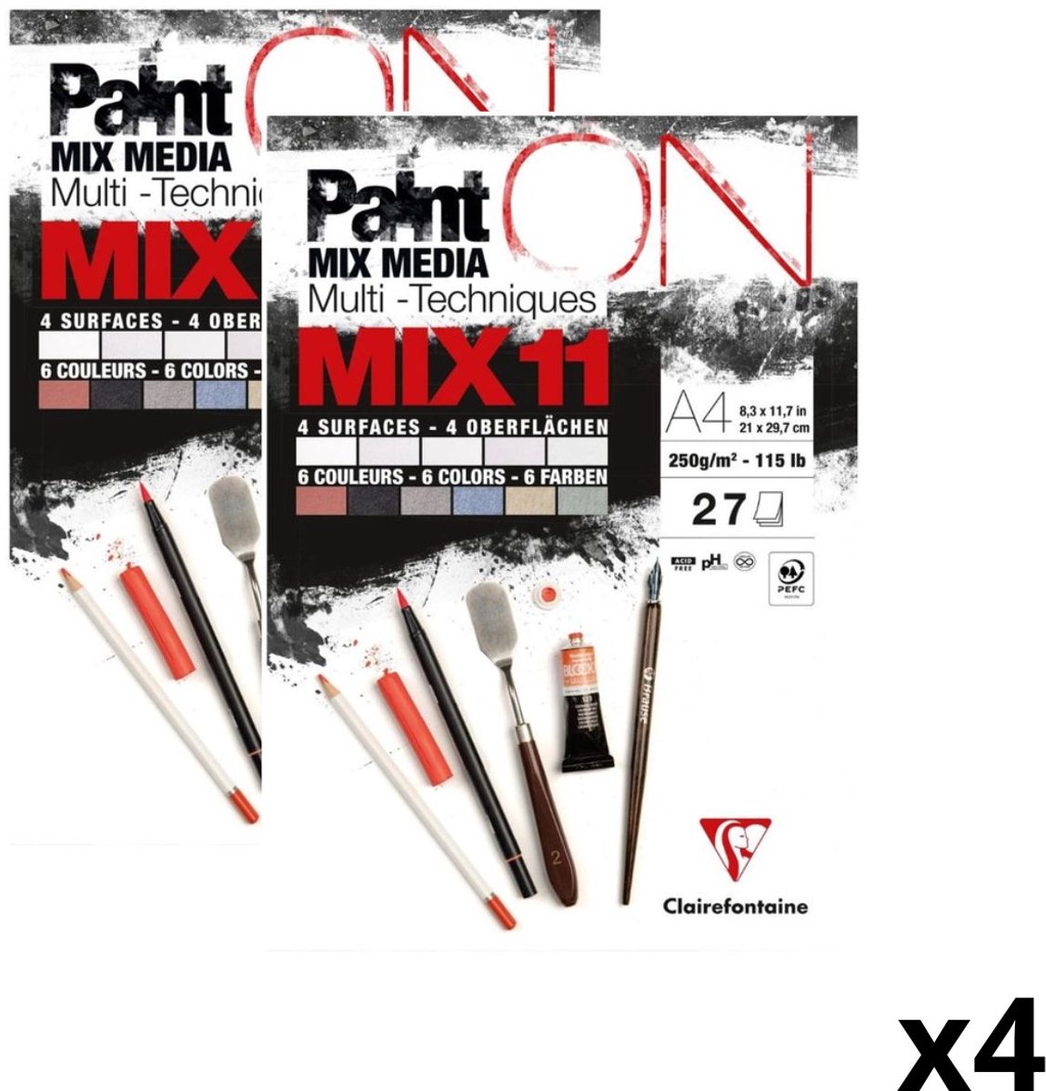Clairefontaine - Paint ON - Multi-Techniek Pad - Tekenpapier - Schilderpapier - 6 kleuren - 4 papierstructuren - A4 - 27 vel - 4 stuks
