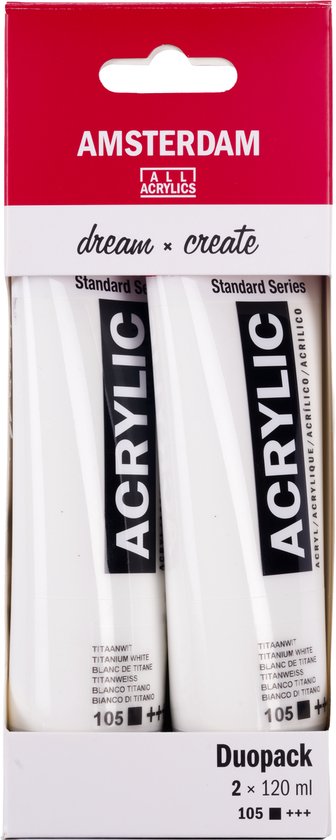 Avant d'un duopack rouge et blanc de peinture acrylique Amsterdam, avec deux tubes blanc titane.