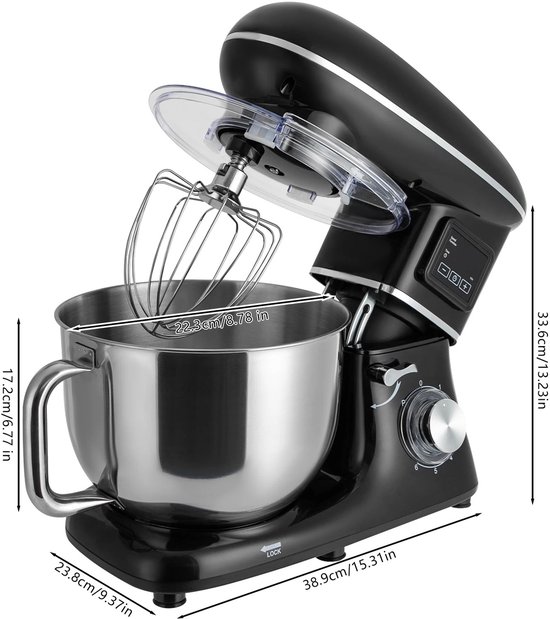 Lifero Keukenmixer 1500W - Deegmachine 6,2L - Keukenmachine met LCD-scherm - Keukenrobot 6 Standen - Mixer met Mengkom - Zwart van Merkloos — afbeelding 3