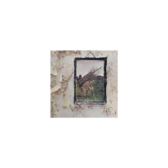 Hoes van Led Zeppelin IV met een man die een bundel takken draagt, ingelijst en hangend aan een behangen muur.