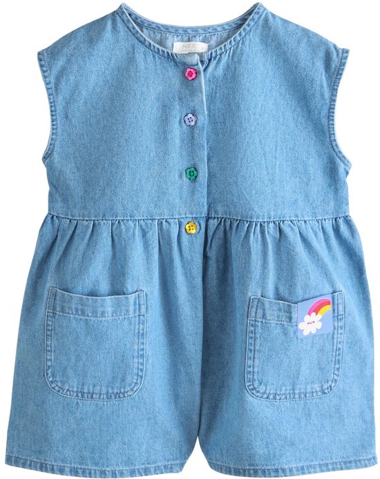 Mouwloze spijkerjurk met gekleurde knopen, opgestikte zakken met regenboog-wolkjes patch.