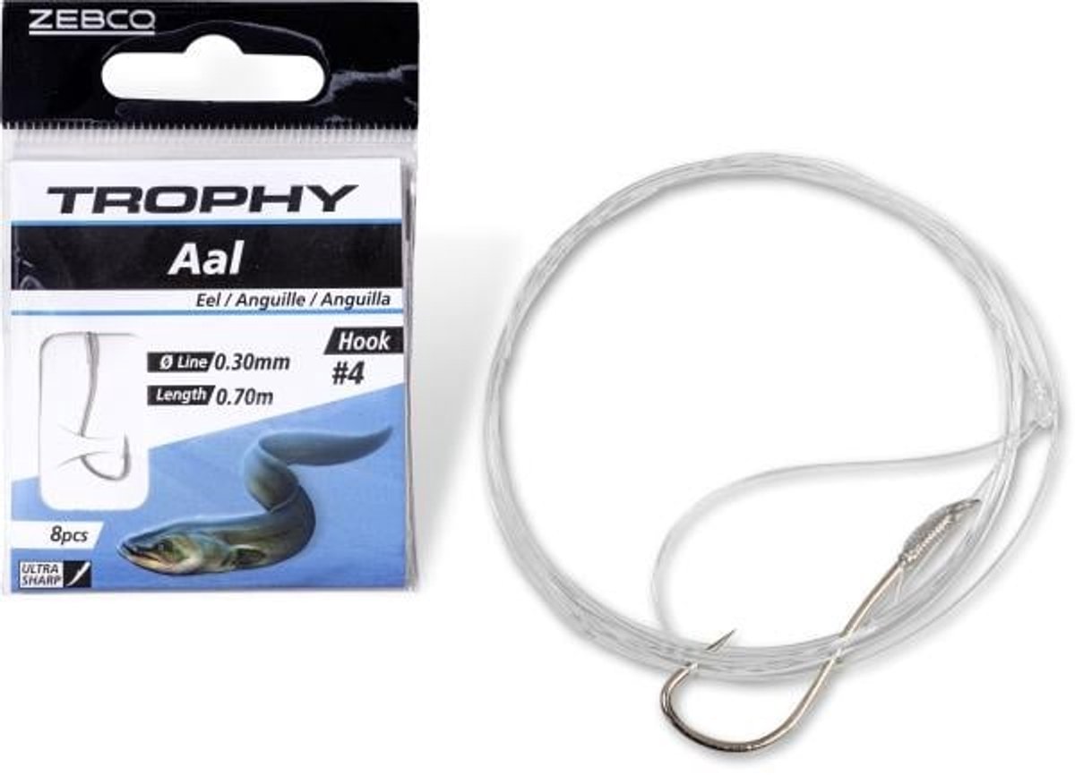 Zebco Trophy Eel Hook-to-Nylon 70cm (8 pcs) Hook Silver - Maat : 2