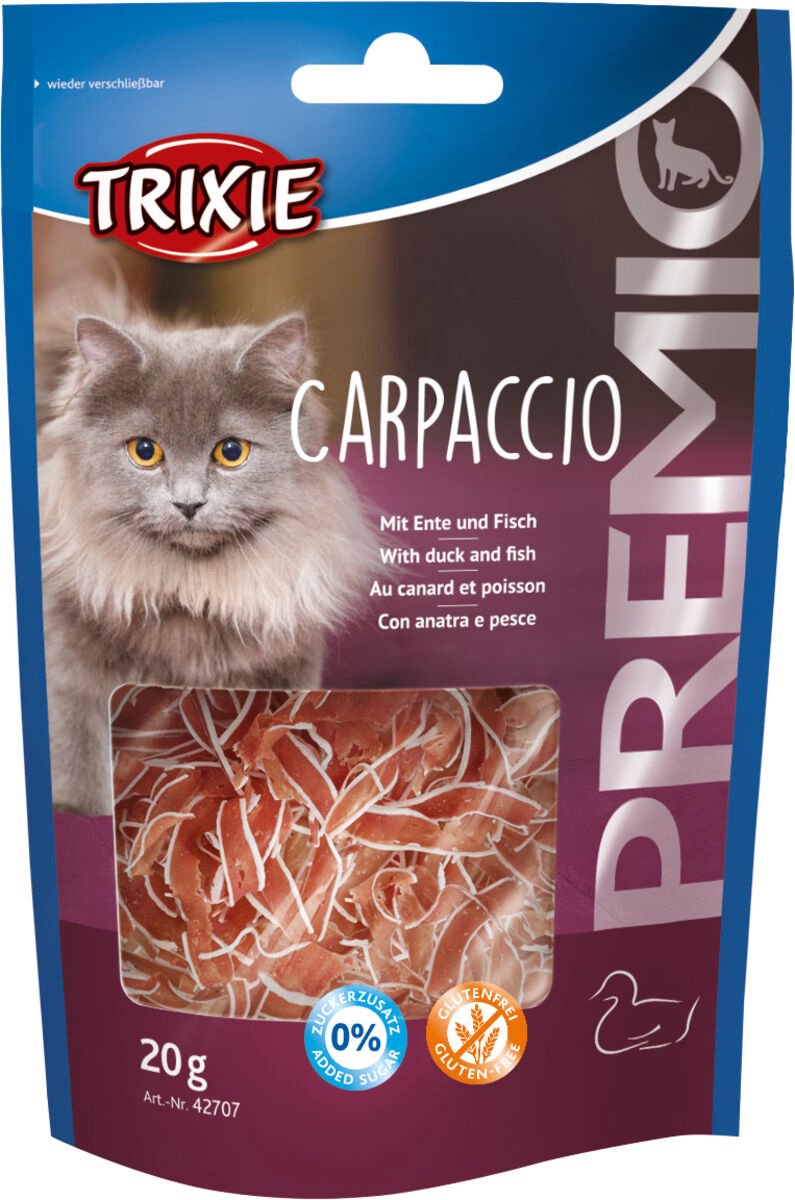 5 x Trixie kattensnack 20 gr premio CARPACCIO - 0% toegevoegde suikers - glutenvrij - met eend en vis