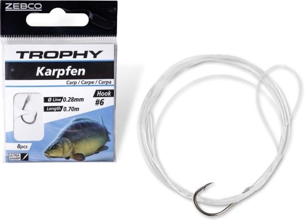 Zebco Trophy Carp Hook-to-Nylon 70cm (8 pcs) Hook Black - Maat : 8