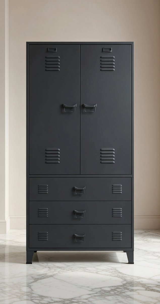 SteelPro Industriële Metalen Kledingkast 90x50x180 cm – Zwart – Garderobekast met Legplanken en Kledingstang – Multifunctionele Opbergkast voor Slaapkamer en Hal - House&Garden