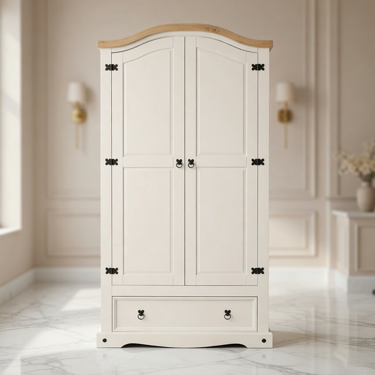 Luxe Kledingkast Verona – Massief Grenen Houten Kast met Deuren, Lade en Kledingstang – Wit/Naturel Gelakt – Ruime Slaapkamer Opberger - House&Garden