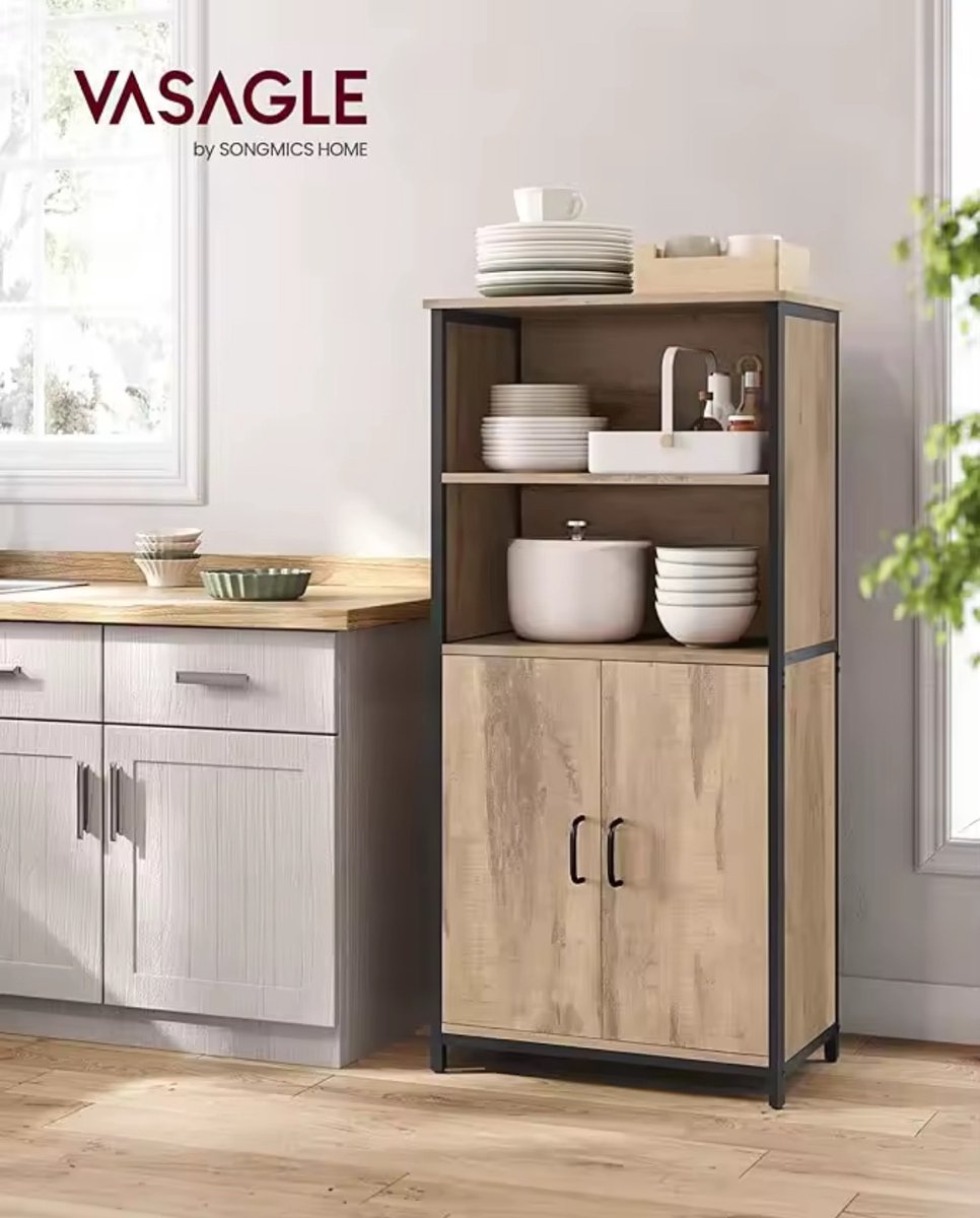 Keukenkast Highboard – Opbergkast – 2 Open Vakken – 3 Verstelbare Legplanken – Industrieel Design – Vintage Bruin + Zwart – Staal en Houtlook – 35x60x124,5 cm – Multifunctioneel en Stabiel