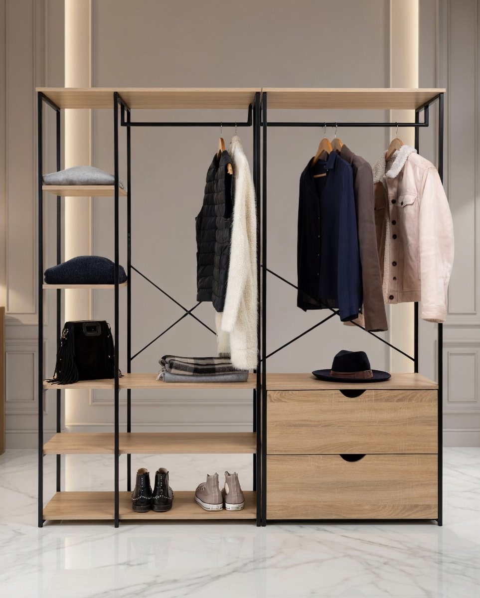 Modulaire Inloopkast Detroit – Industriële Kledingkast met Dubbele Garderobe, Planken en 2 Lade-opbergvakken, 170 cm – Moderne Industriële Stijl voor Slaapkamer en Dressing - House&Garden