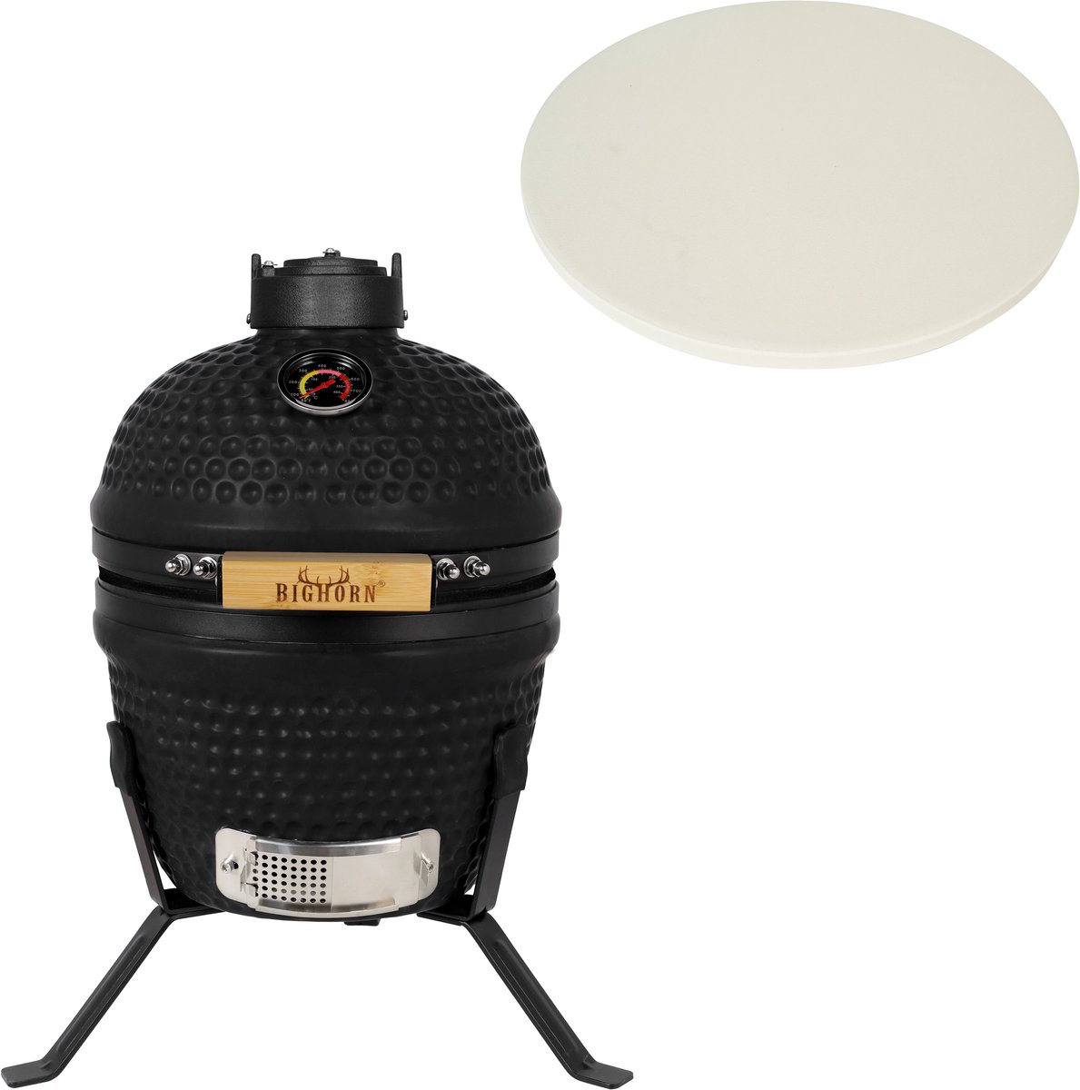 BIGHORN Kamado BBQ 27 cm – Mat Zwart –13 Inch Houtskool Barbecue - Keramische Houtskool BBQ – Inclusief Pizzasteen – Kamado Grill voor Grillen, Roken & Bakken – Met Thermometer – Compact voor Balkon en Tuin