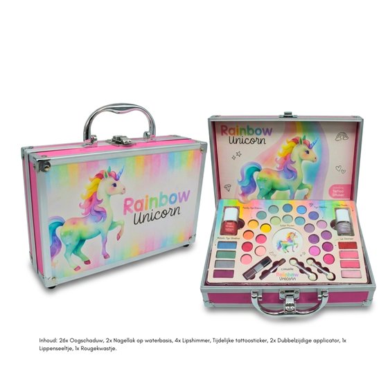 Rainbow Unicorn Make-up Koffer voor Kinderen - 38-delige Cosmetica Set - Inclusief Oogschaduw, Nagellak & Tattoo Stickers - Cadeau voor Meisjes - 3+