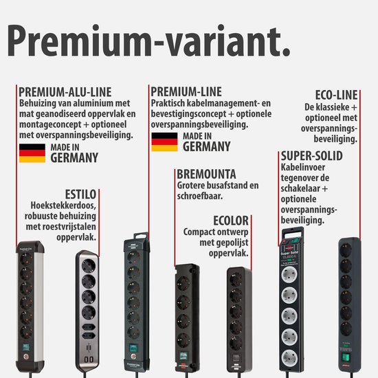 Verschillende uitvoeringen van stekkerdozen met 5 tot 8 geaarde stopcontacten en USB-poorten. Varianten: PREMIUM-ALU-LINE, PREMIUM-LINE, ECO-LINE, ESTILO, BREMOUNTA, ECOLOR, SUPER-SOLID. 'Premium-variant.'