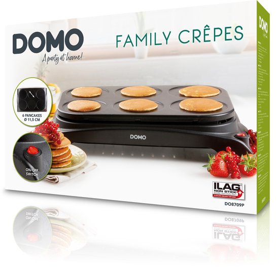 Verpakking van de DOMO DO8709P Family Crêpes, met een afbeelding van de pannekoekenplaat met zes pannenkoeken.