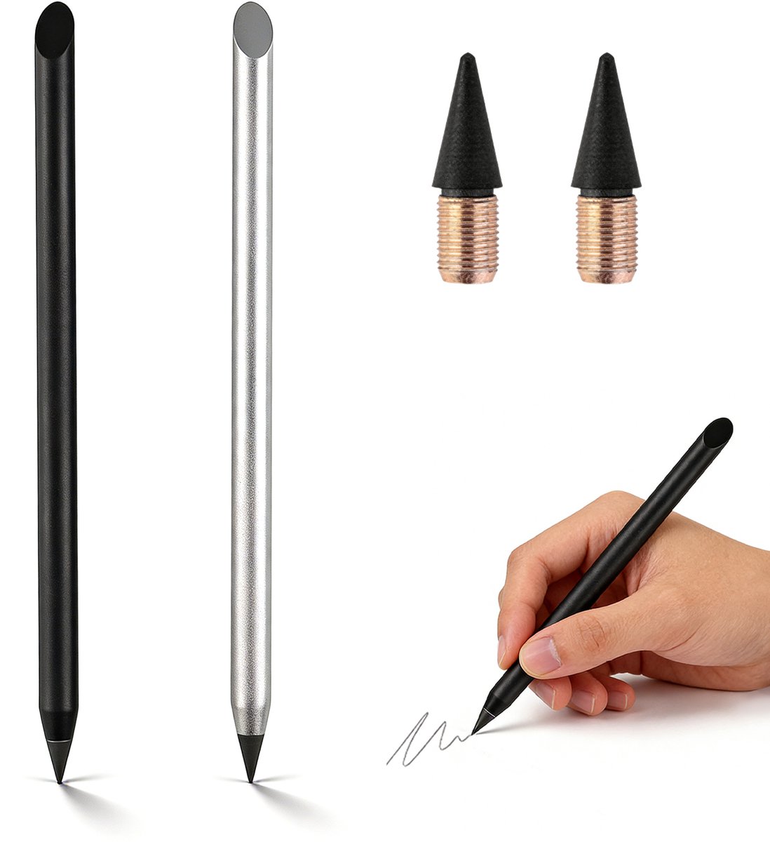 Eeuwigheidspen Zonder Inkt Set van 2 | Metalen Potlood met Verwisselbare Punten | Schrijfgerei Zonder Slijpen