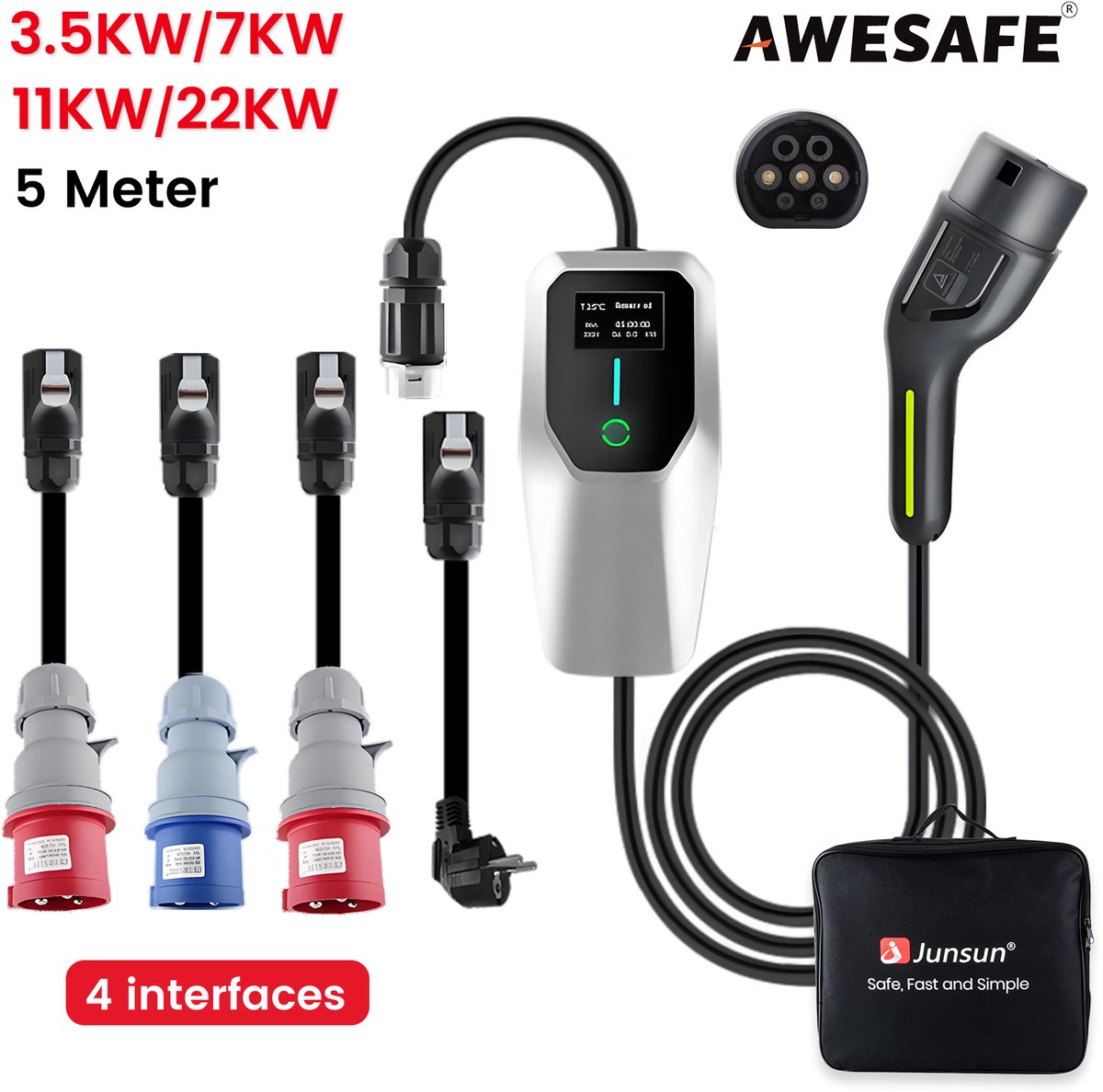Awesafe 4 interfaces Laadkabel Auto - Mobiele Thuislader EV-Lader Type 2 - Geschikt Voor Elektrische Auto - 3.5/7/11/22kW 16/32A Schakelbaar 1/3-Fase - Waterdicht - 5M - Met handtas - Wit