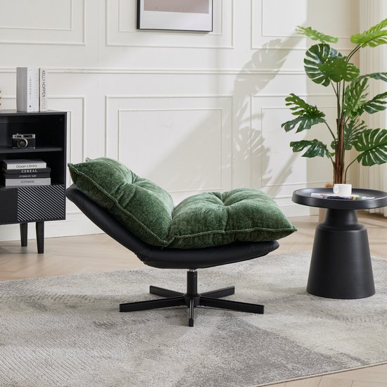 REDOM - Draaibare Relaxstoel - 3-Standen Rugleuning En 360° Draaifunctie - Industrieel - Voor Leeshoek - Chenille En Metaal - Donkergroen Zwart