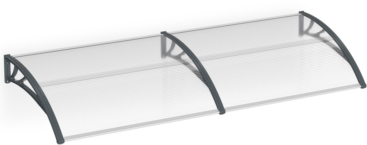 Aufun voordeurluifel – 300 x 100 cm – 5 mm polycarbonaat – grijze klem + PP-beugel