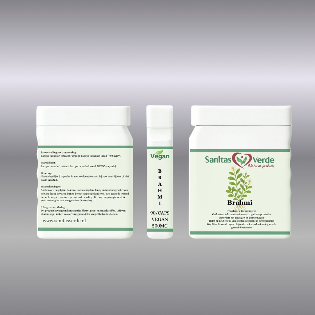 Sanitas Verde Brahmi Extract 1000 mg Bacopa Monnieri 20% Bacosiden Geheugen Focus 90 Vegan Capsules