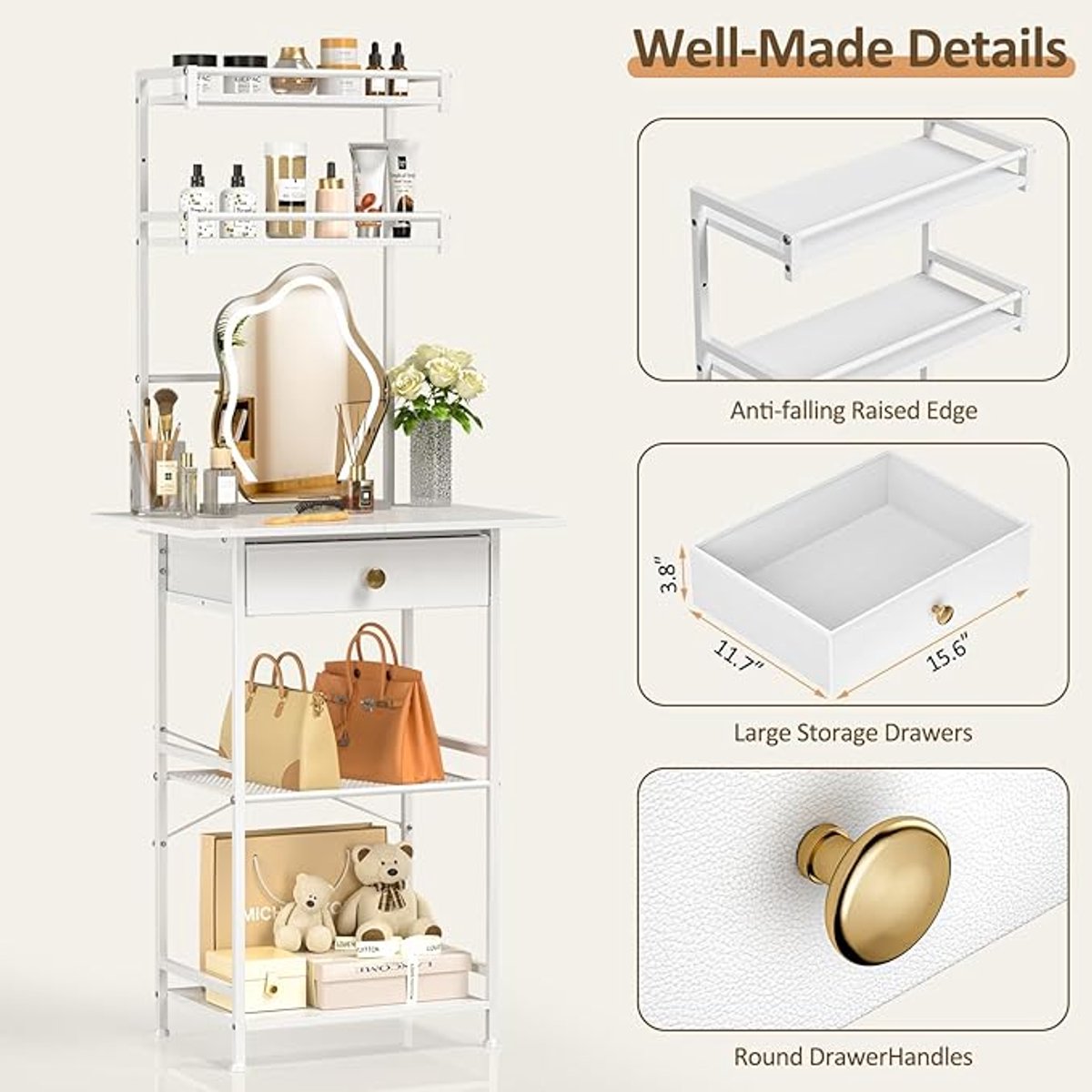 Make-uptafel zonder spiegel 60x40x146 cm – Compacte witte kaptafel met stoffen laden en opbergruimte voor kleine slaapkamer – Modern – Pauwhome