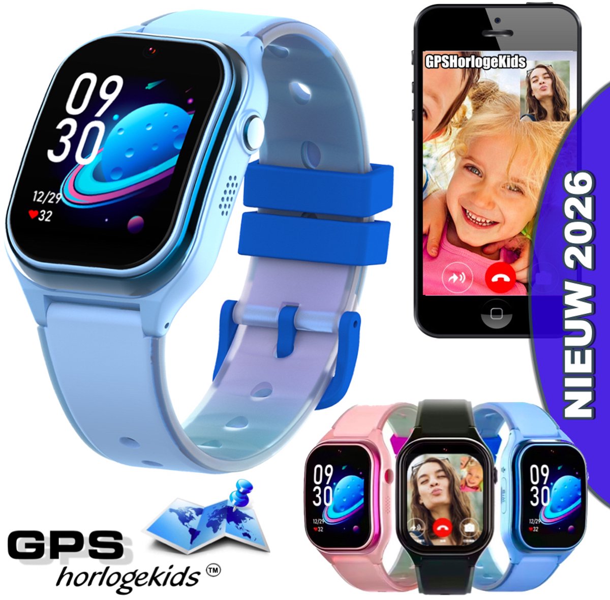 GPSHorlogeKids© - smartwatch kinderen - GPS horloge kind - kleinste model 2026 - kinder smartwatch - 4G videobellen - SOS alarm – veilige zone - klasse tijd - alarm - spatwaterdicht - hartslag - incl. SIM - CURVE blauw