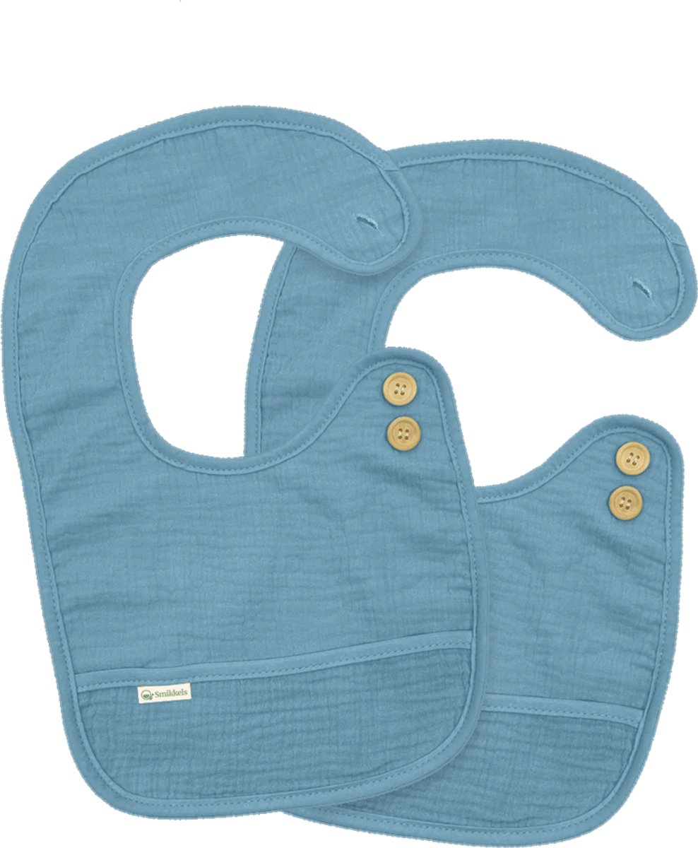 Set van 2 katoenen slabbetjes L - Blauw - 100% biologisch katoen - Knoopsluting - Dubbellaags - Hydrofiel met badstof
