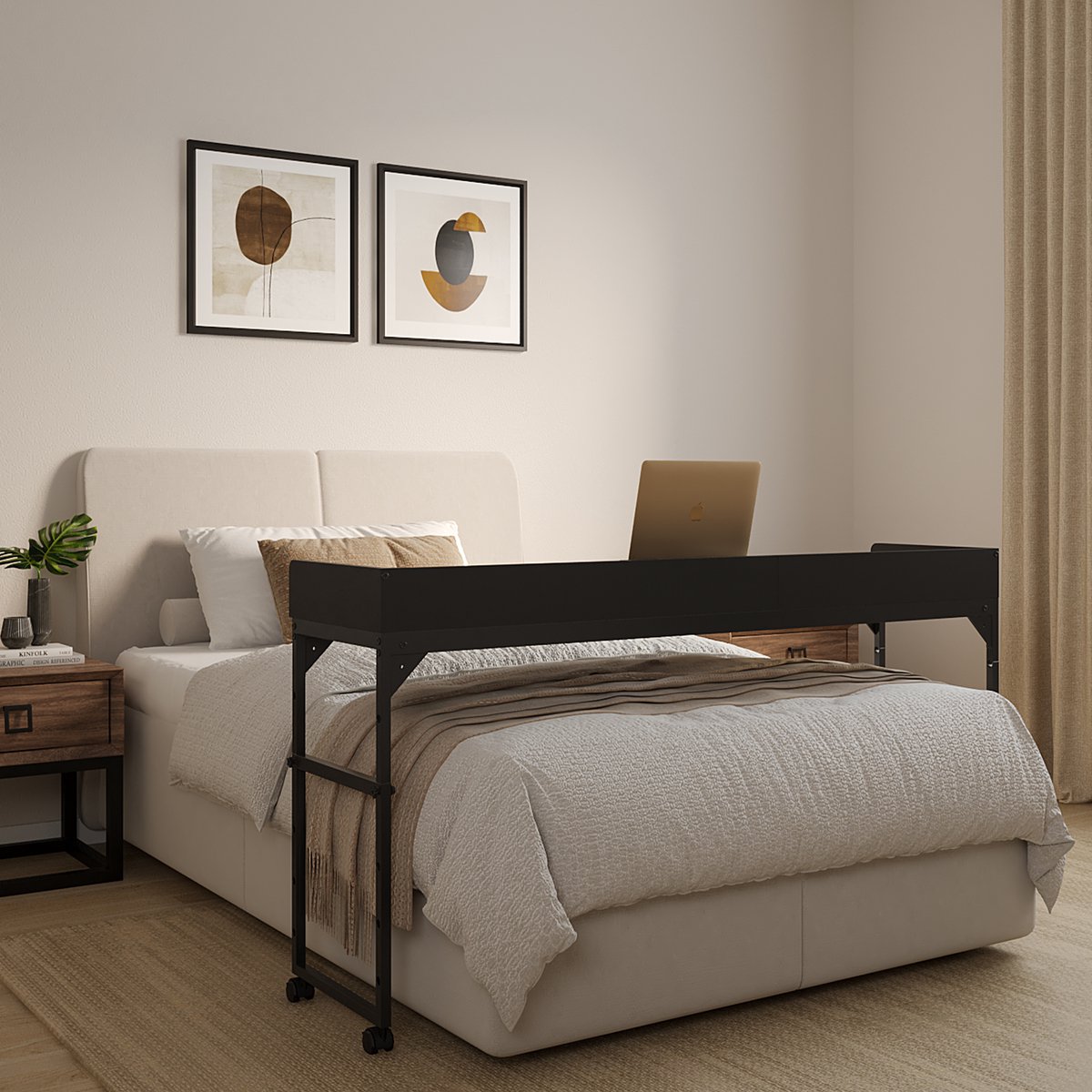DreamDesk Bedtafel Op Wielen Verstelbare Tafel Voor Over Bed Bed Tafel - 140 cm - Bedtafels - Verrijdbaar - Laptoptafel met wielen - Bedtafeltje - Verstelbaar - Laptop - Overbed tafel - Sta Bureau - Midnight Black