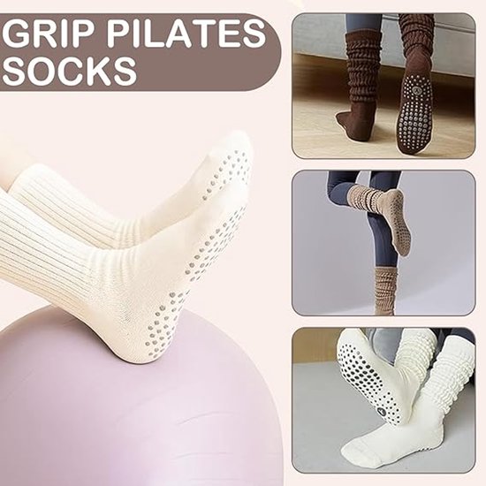 Antislip sokken - antislip sokken pilates - Eén maat 36-46 - yoga sokken - yoga sokken antislip - Geschikt voor Lange Scrunch Slipper Sokken - 3 paar - geschikt voor yoga, ballet, dans, ballet, fitness - Khaki, Bruin, Beige - One Size van Merkloos — afbeelding 3