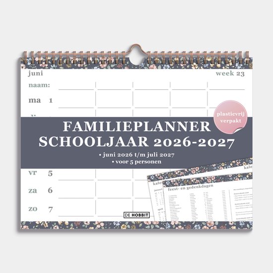 Hobbit - Familieplanner 2026-2027 - Familie kalender - Spiraalgebonden - 5 personen - A4+ (22 x 30 cm) - Bloemen Outline