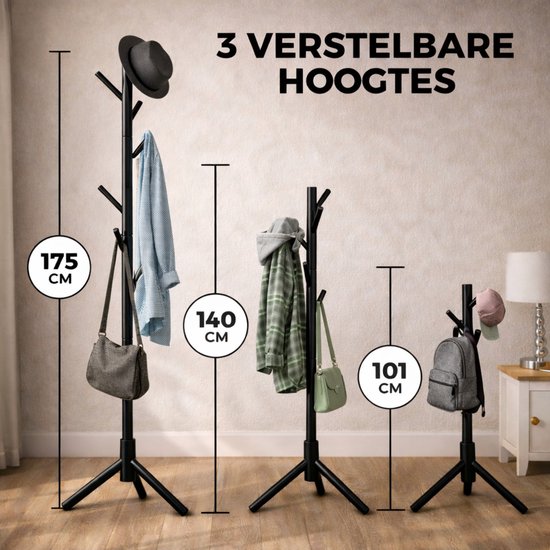 Zwarte kapstok getoond op 3 verschillende hoogtes: 175 cm, 140 cm en 101 cm.
