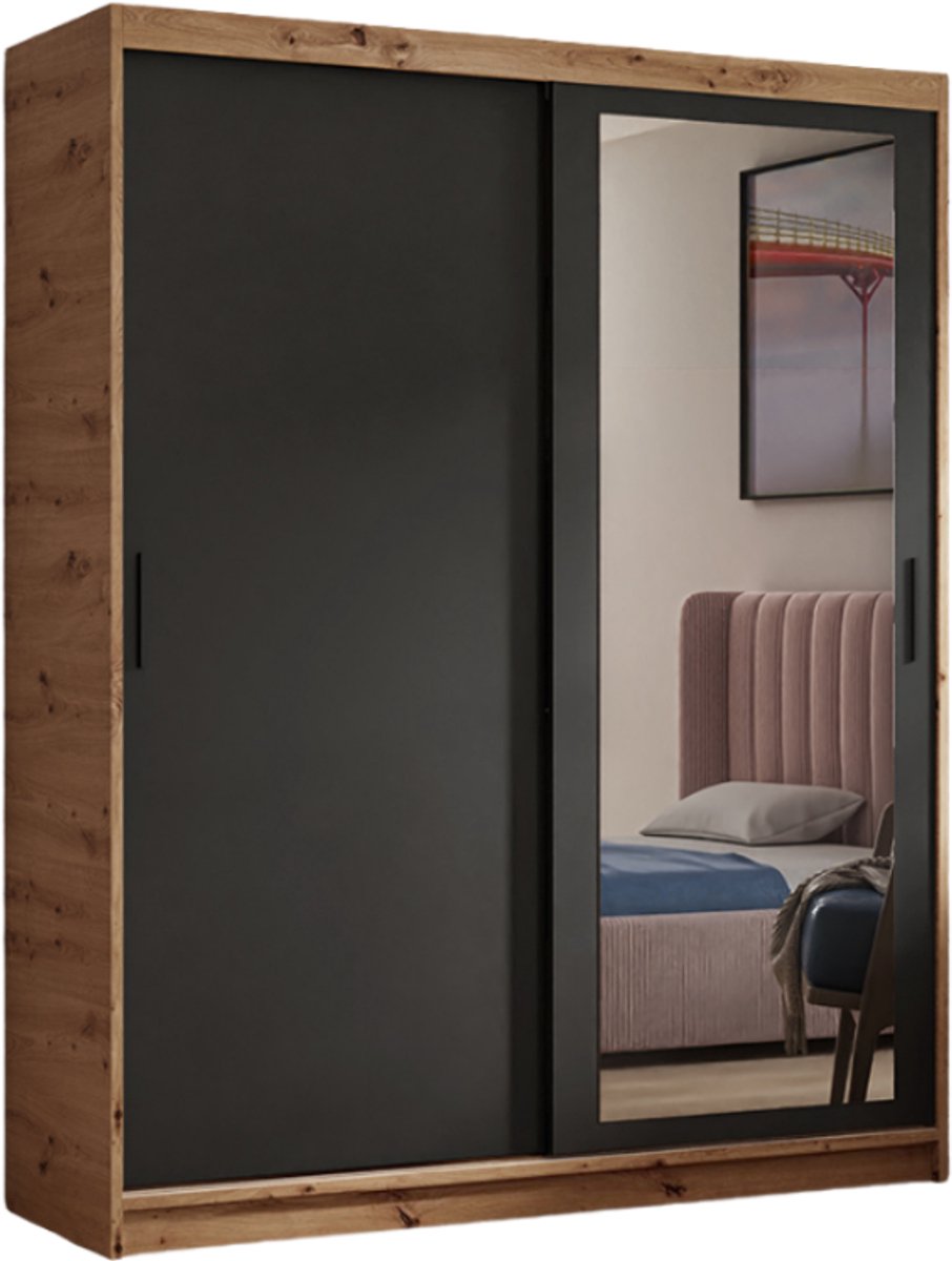 Kledingkast Henry met spiegel 100 cm inclusief 2 schuifdeuren Schuifdeurkast, artisan, zwart