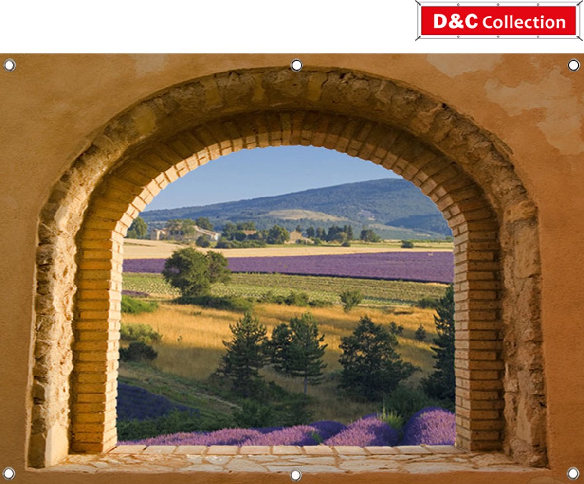 D&C Collection 130x95 cm - tuinposter - doorkijk - stenen - lavendel - landschap - Frankrijk - Italie omgezoomd met 6 ringen groen rood grijs